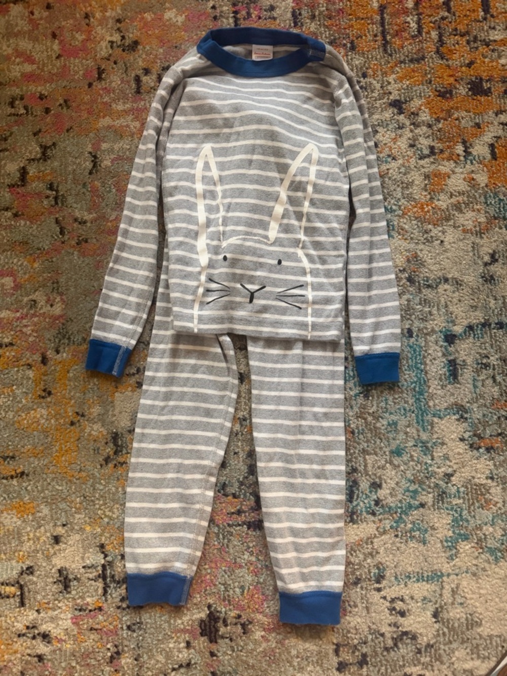 Hanna Andersson Gray & White Striped Bunny Pajama Set with Blue Trim